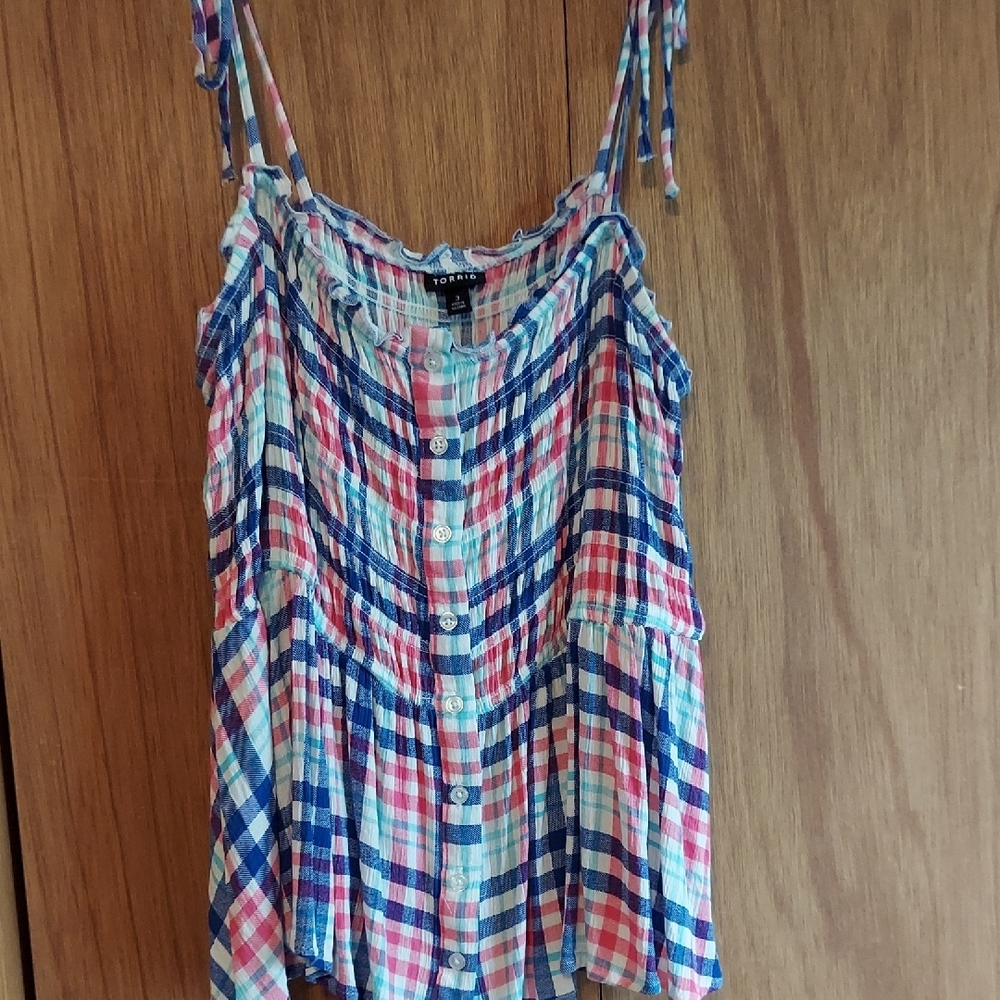 Torrid Multicolor Plaid Ruffle Blouse - Picture 3 of 7